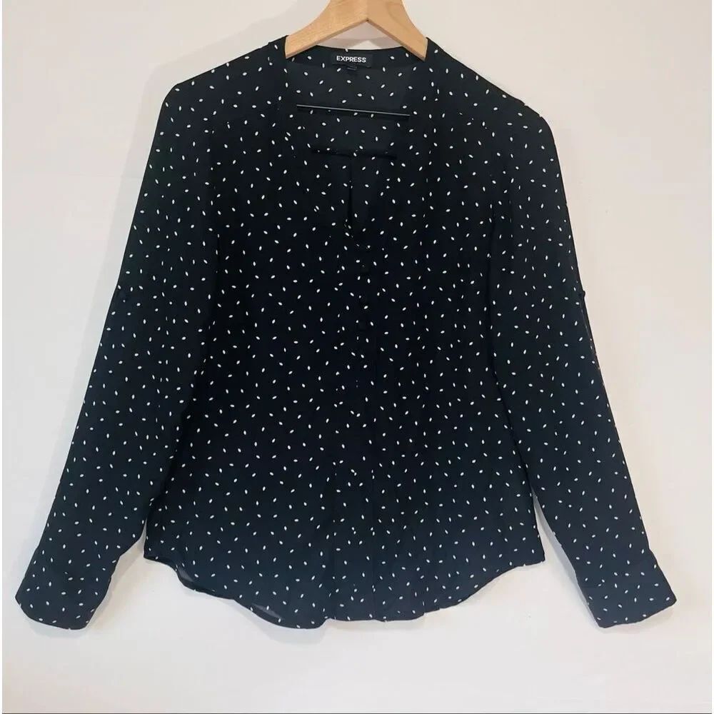 Express Long Sleeve Black With White Polka Dots Blouse   Size S